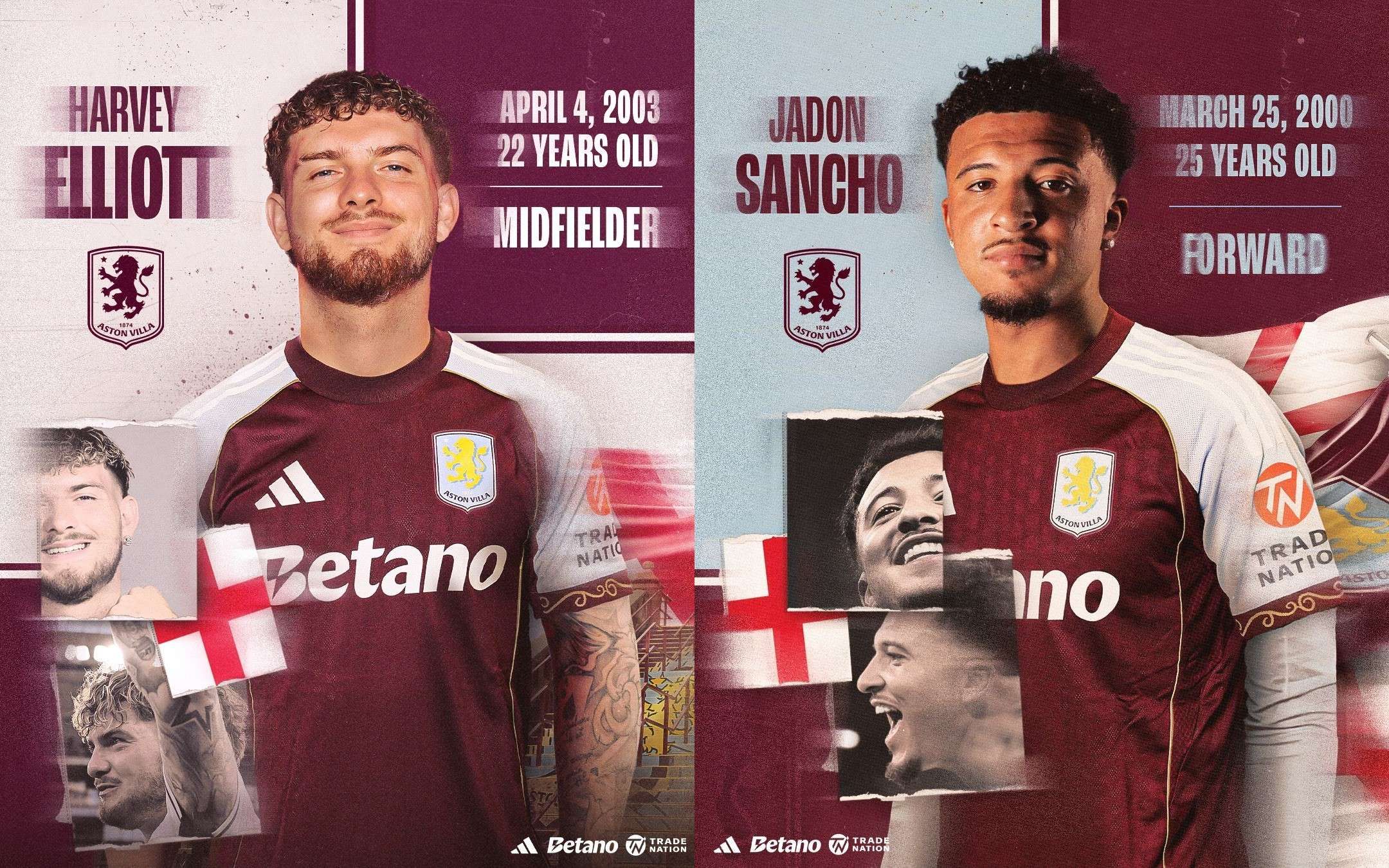 28 Aston Villa resmi meminjam gelandang Harvey Elliot dan penyerang sayap Jadon Sancho dari sesama klub Liga Inggris pada tenggat waktu bursa transfer pemain musim panas ini.